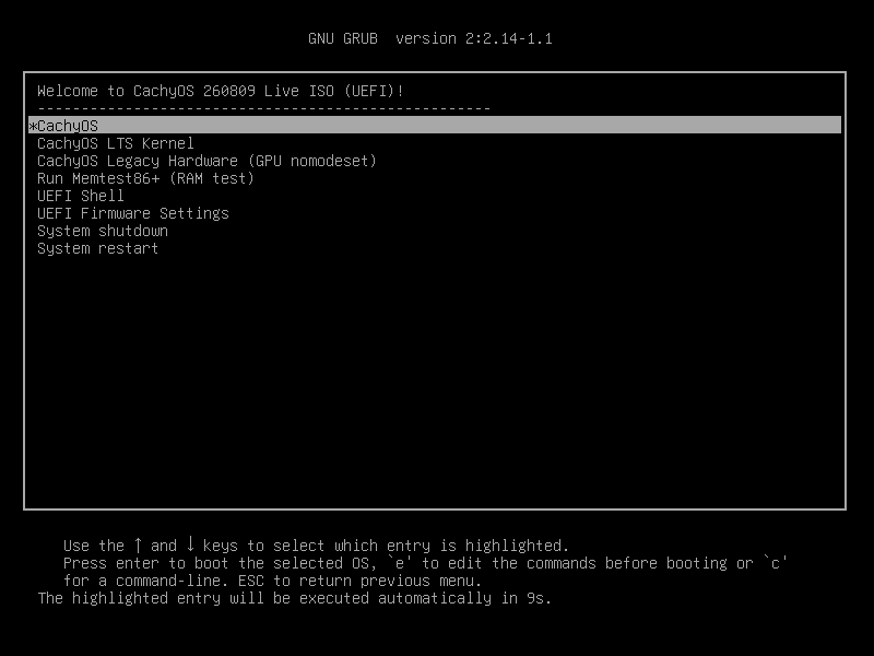 CachyOS 260809: GRUB-Startmenü der Live-ISO (UEFI)