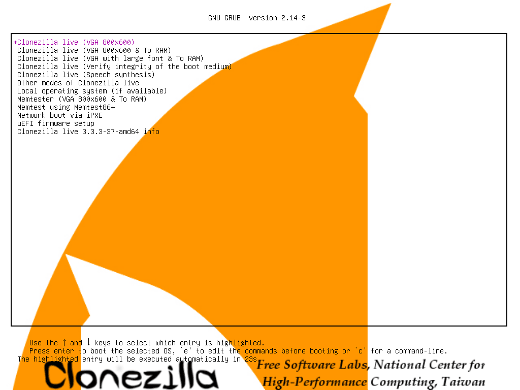 Clonezilla Live 3.3.3-37: GRUB-Startmenü (UEFI)