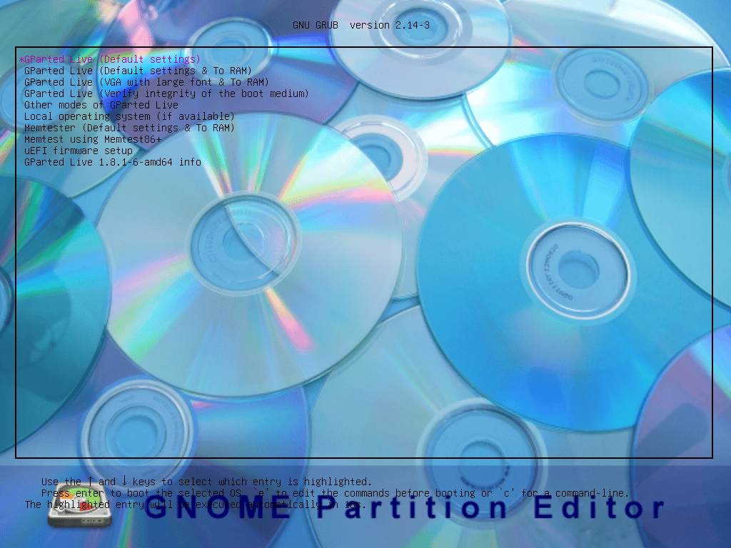 GParted Live 1.8.1-6: GRUB-Startmenü (UEFI)