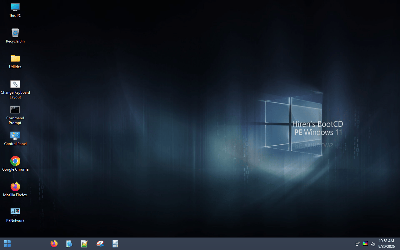 Hiren's BootCD PE: laufender Windows-PE-Desktop (kein eigenes Startmenü unter UEFI)