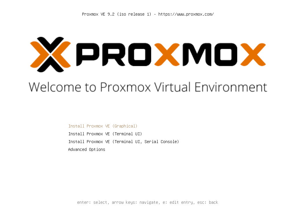 Proxmox VE 9.2: Installer-Startmenü (UEFI)