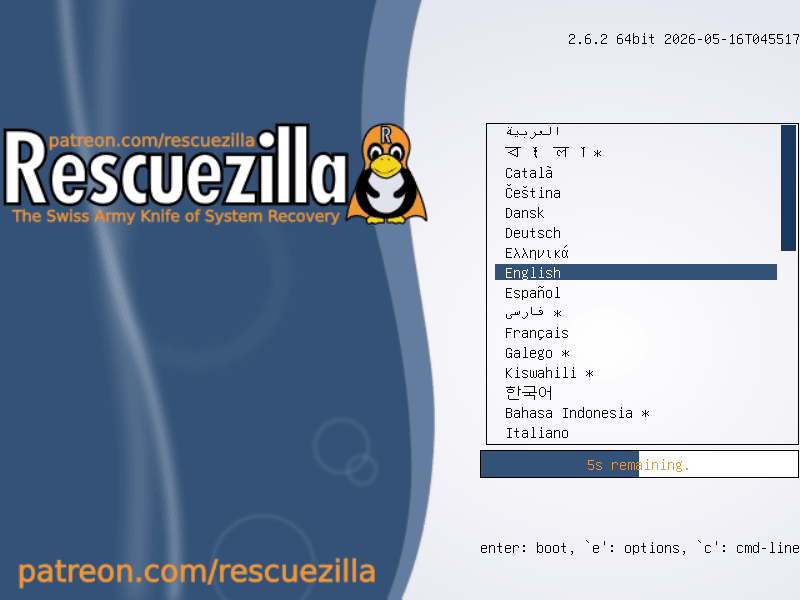 Rescuezilla 2.6.2: Startmenü mit Sprachauswahl (UEFI)