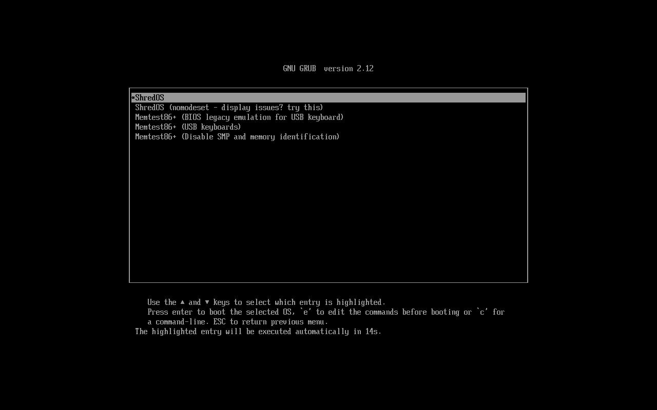 ShredOS 0.42: GRUB-Startmenü (UEFI)