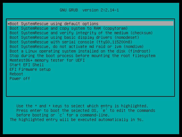 SystemRescue 13.02: GRUB-Startmenü (UEFI)