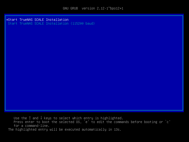 TrueNAS 25.10.7: GRUB-Startmenü des Installers (UEFI)