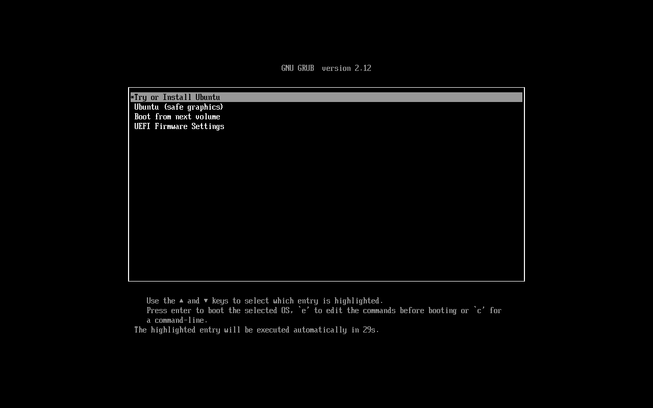 Ubuntu 24.04.5: GRUB-Startmenü „Try or Install Ubuntu“ (UEFI)