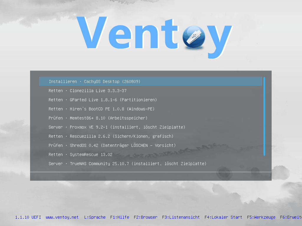Ventoy-Hauptmenü (Listenansicht) mit allen Abbildern