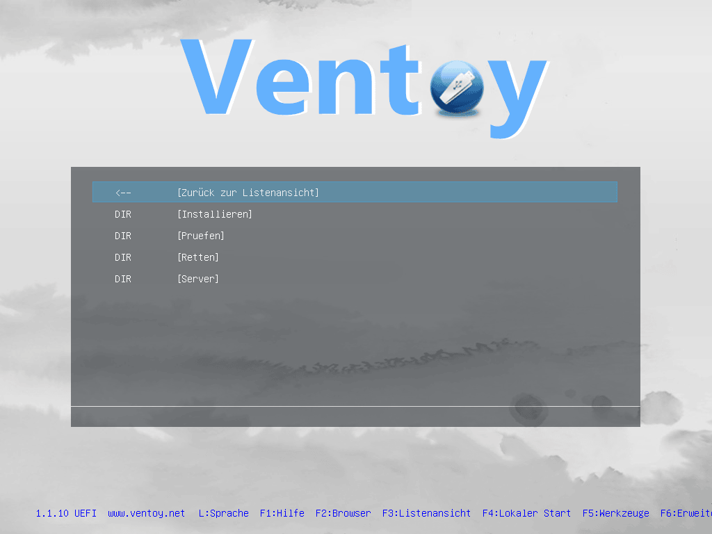 Ventoy-Ordneransicht (F3): Installieren, Prüfen, Retten, Server