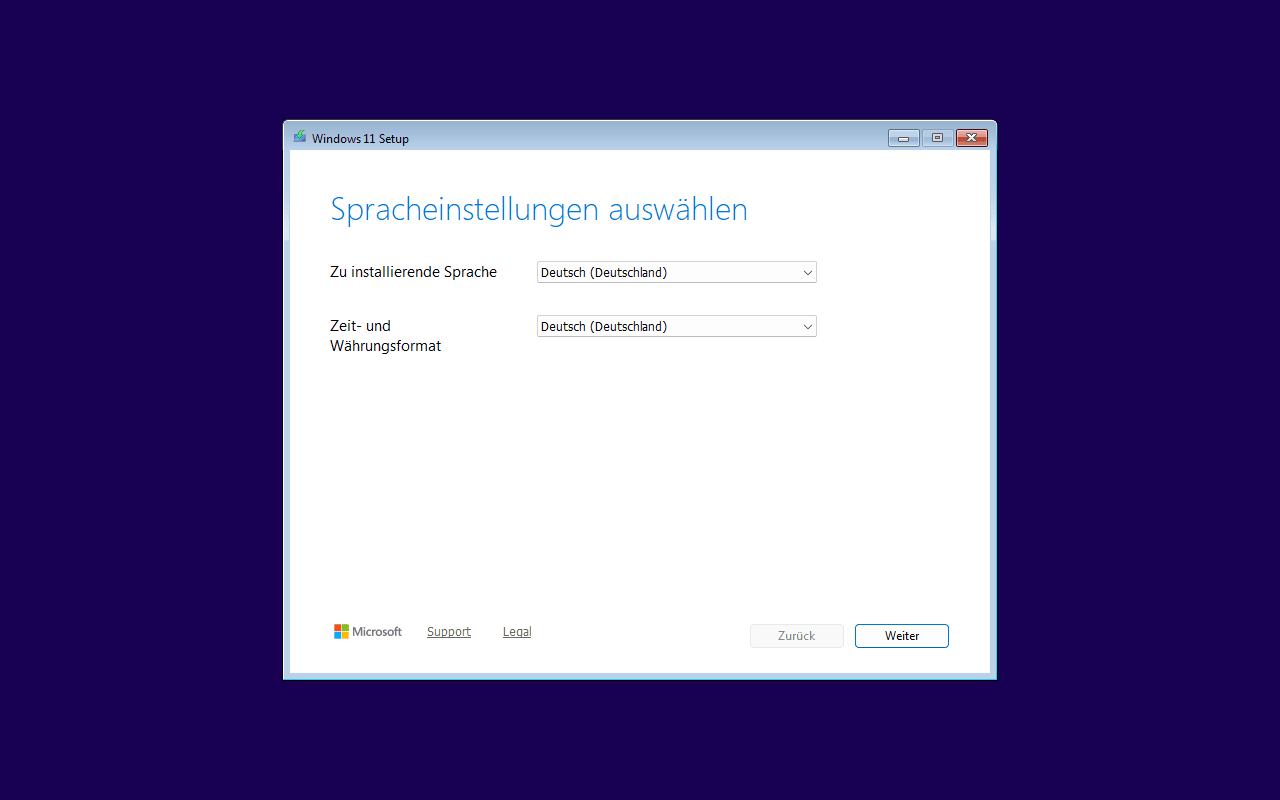 Windows 11 25H2: Setup-Start „Spracheinstellungen auswählen“ (kein Startmenü; direkt vom ISO)